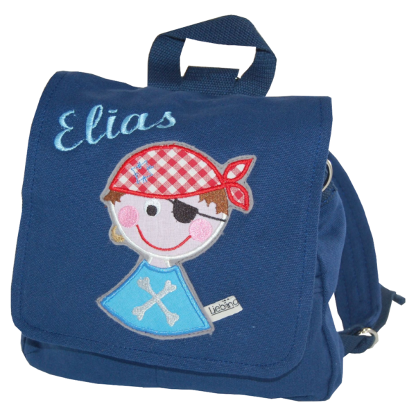 Kindergartentasche Pirat mit Namen in blau von Lieblingsstücke