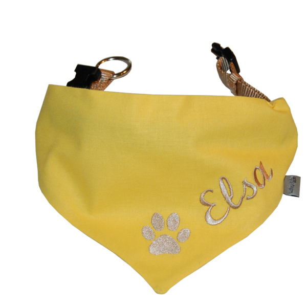 gelbes Hundehalsband mit Namen und Pfote