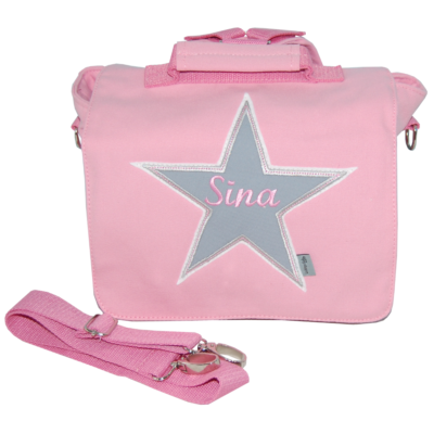 Kindergartentasche mit Stern und Namen in rosa und grau von Lieblingsstücke