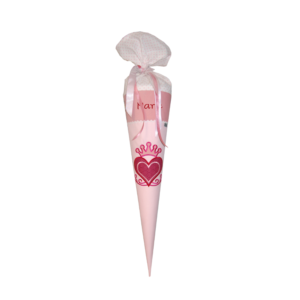 Zuckertüte mit Herz und Krone plus Namenen in rosa und rot plus weiß