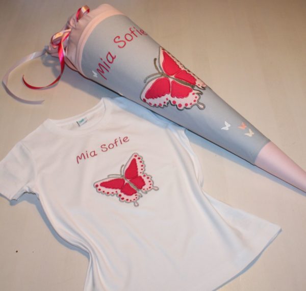 Schultüte mit Schmetterling und Namen in Rosa und Grau - Image 2
